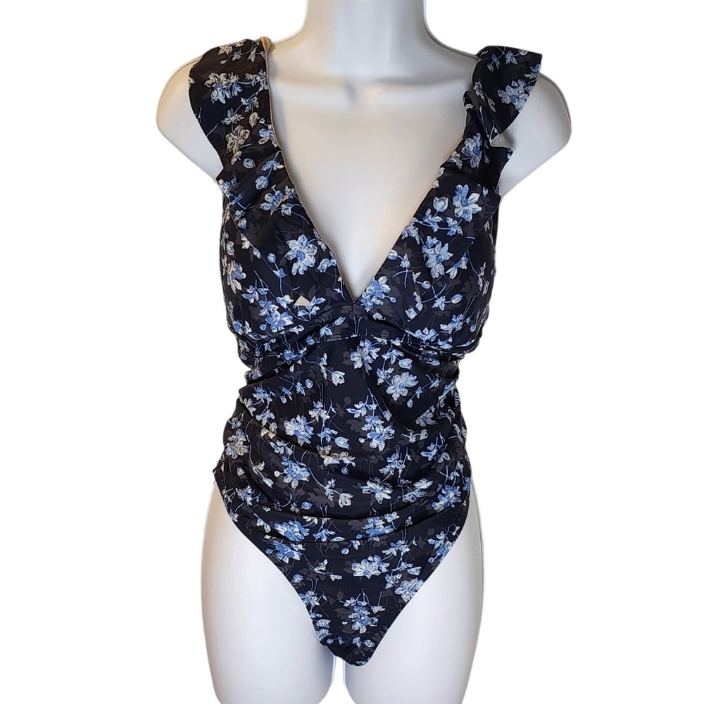 Motherhood Maternity Swimsuit Women Medium Navy Blue New Floral Ruffle 70483-41